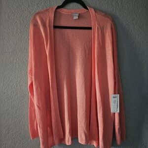 Chicos Flowy Coral Pink Cardigan Womens Size 2 US Linen Blend Open Front